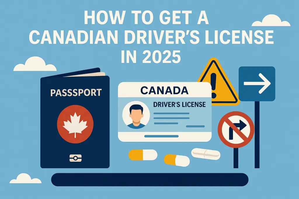 An illustration showing an immigrant successfully obtaining a Canadian driver’s license, featuring a passport, license card, and road signs.