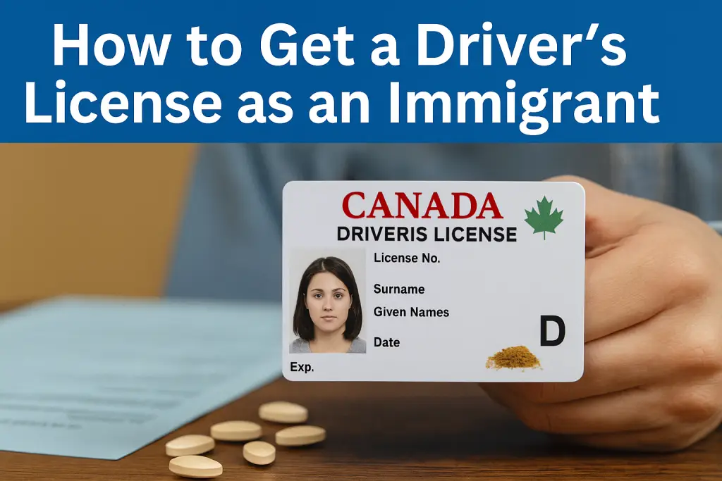 An illustration showing an immigrant successfully obtaining a Canadian driver’s license, featuring a passport, license card, and road signs.