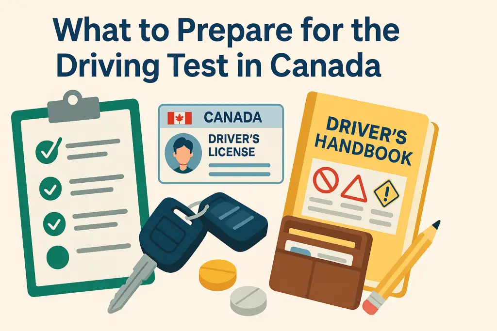 Driving test preparation Canada An infographic titled "What to Prepare for the Driving Test in Canada" showing a checklist, driver's license, road signs, and a car, representing key preparation steps for the Canadian driving test.