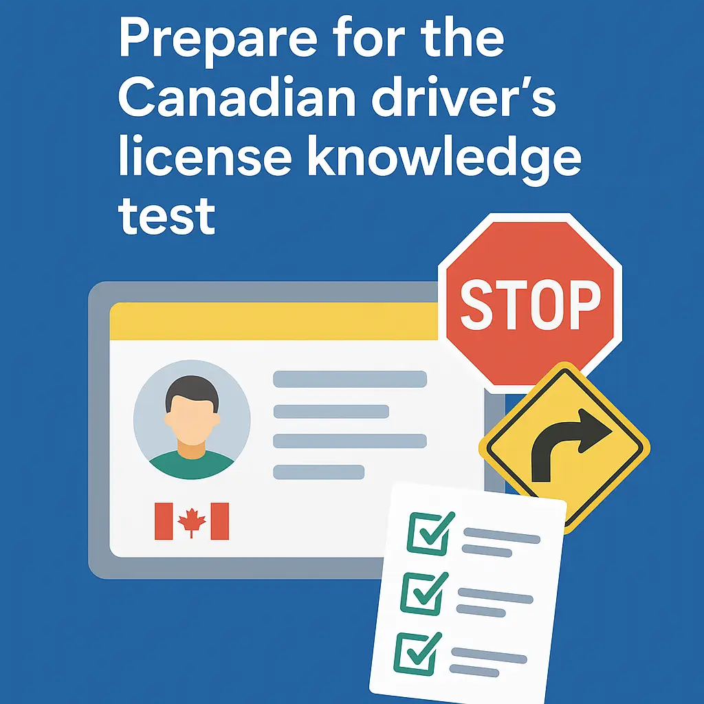 Illustration of a person studying for the Canadian driver’s license knowledge test with a handbook, road signs, and a computer screen.