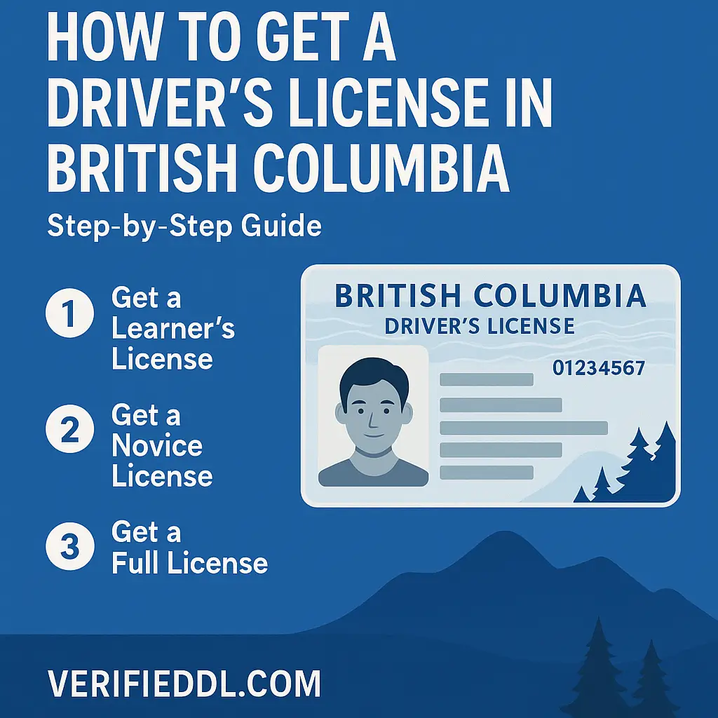 British Columbia driver’s license process Infographic titled "British Columbia driver’s license process" showing three steps: 1) Get a Learner’s License, 2) Get a Novice License, and 3) Get a Full License. The image includes a stylized mock-up of a BC driver’s license and a blue mountain-themed background with the website VerifiedDL.com at the bottom.